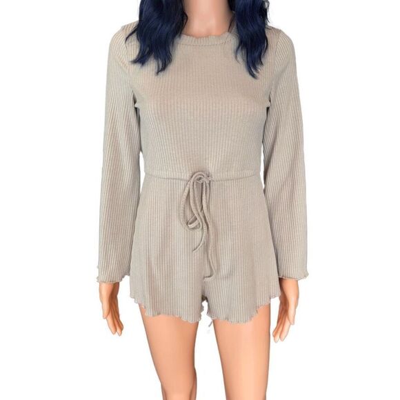 Princess Polly Aiken Long Bell Sleeve Ribbed Boho Beige Romper - Picture 7 of 8